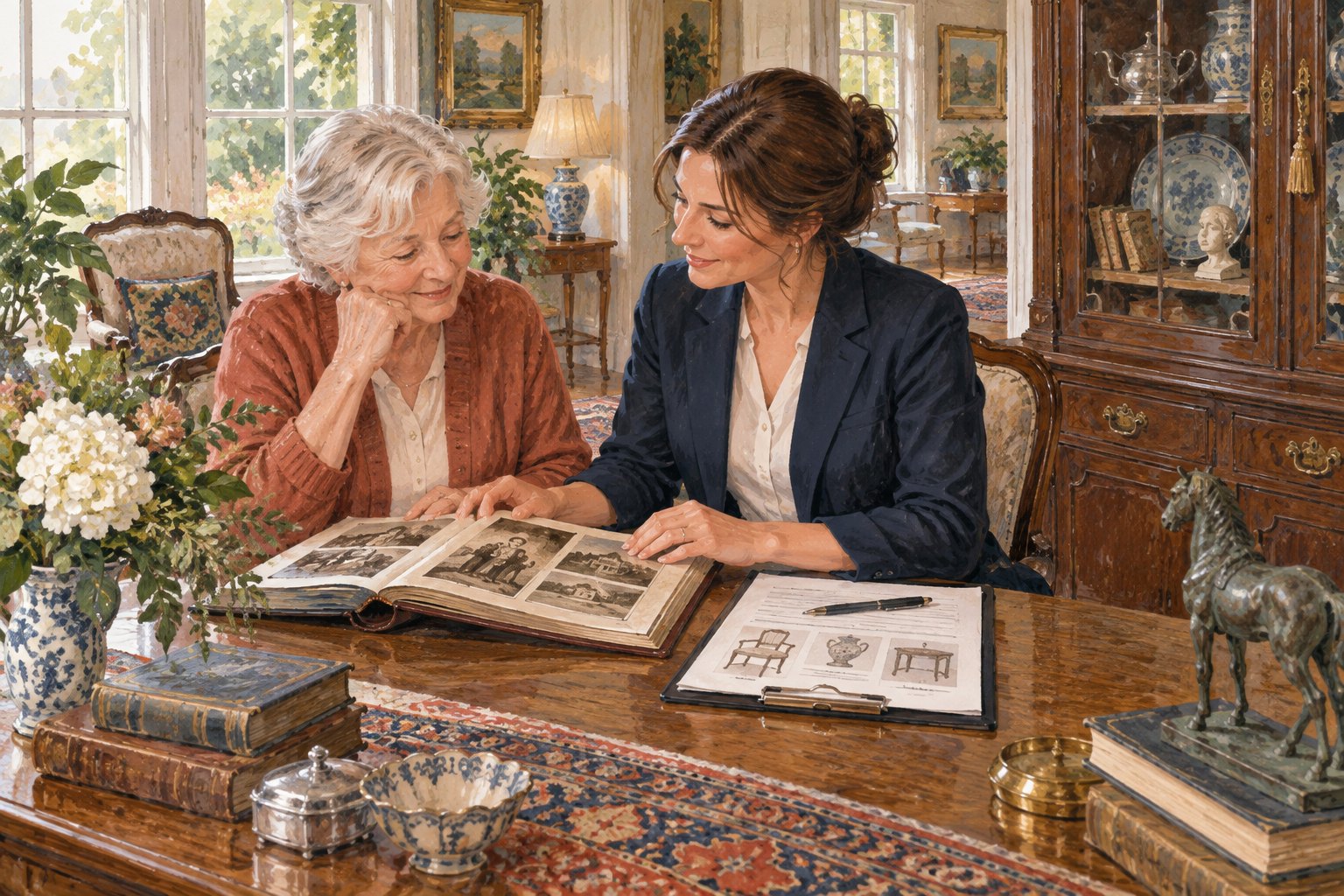 An estate-sale professional and homeowner reviewing a photo album and sale plan together.