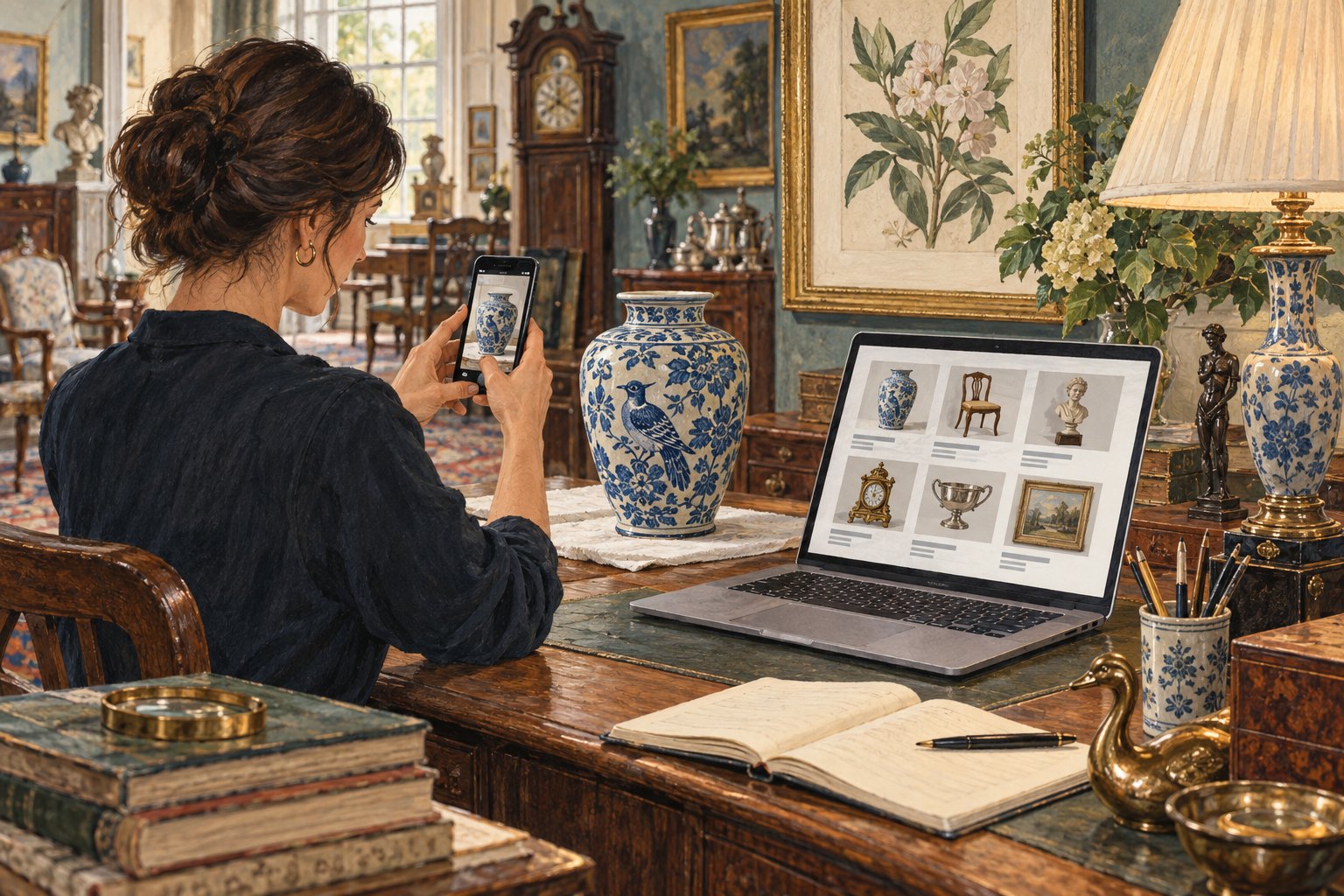 An estate-sale organizer photographing a vase and preparing a listing on a laptop.