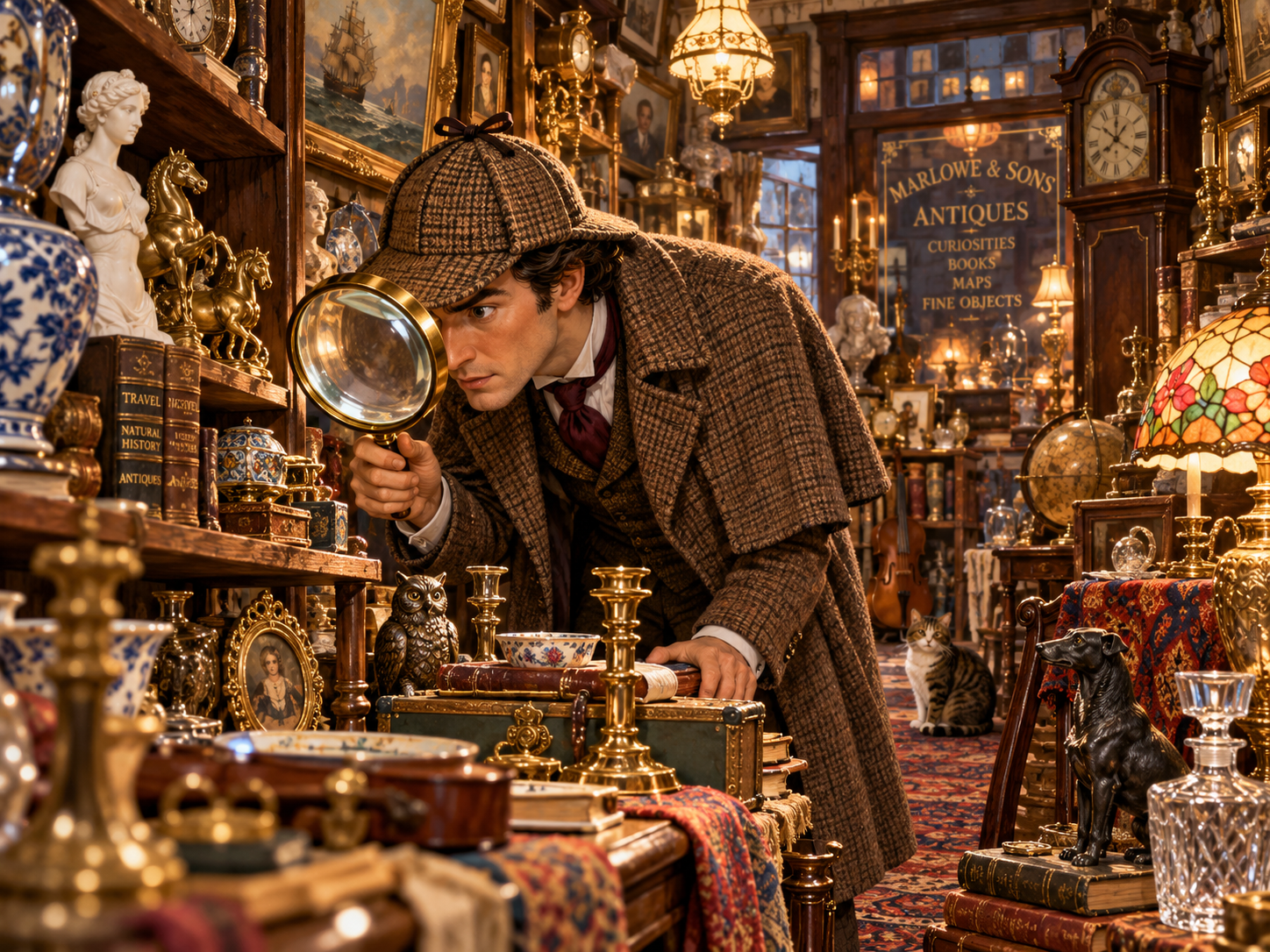 A Victorian sleuth studies a cabinet of curiosities through a magnifying glass in a warmly lit antique shop.